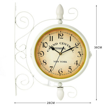 Ретро двустранно въртящ се стенен часовник Метален висящ часовник Декорация на открито/дома/градина Европейски часовник подарък Монтиран на стена+скоба