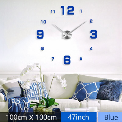 Madingas 3D Viduržemio jūros stiliaus didelio dydžio mėlynas sieninis laikrodis veidrodinis lipdukas „pasidaryk pats“ trumpas svetainės dekoras susirinkimų kambario sieninis laikrodis