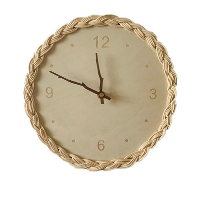 INS Japán stílusú rattan falióra, kerek digitális fa néma néma óra Homestay függő Díszbútor Hálószoba Lakberendezés