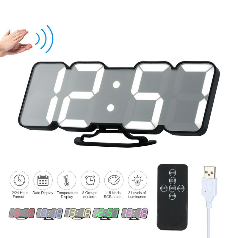 Ceas de birou de perete Telecomandă fără fir 3D Digital RGB LED Ceas cu alarmă Alimentat prin USB 115 culori luminozitate pe 3 niveluri Control sunet