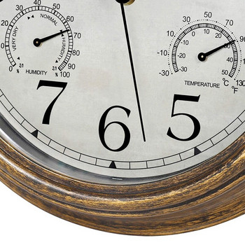 12-инчов стенен часовник, ретро водоустойчив часовник с дисплеи, термометър и хигрометър, часовник без шум за закрито/външно
