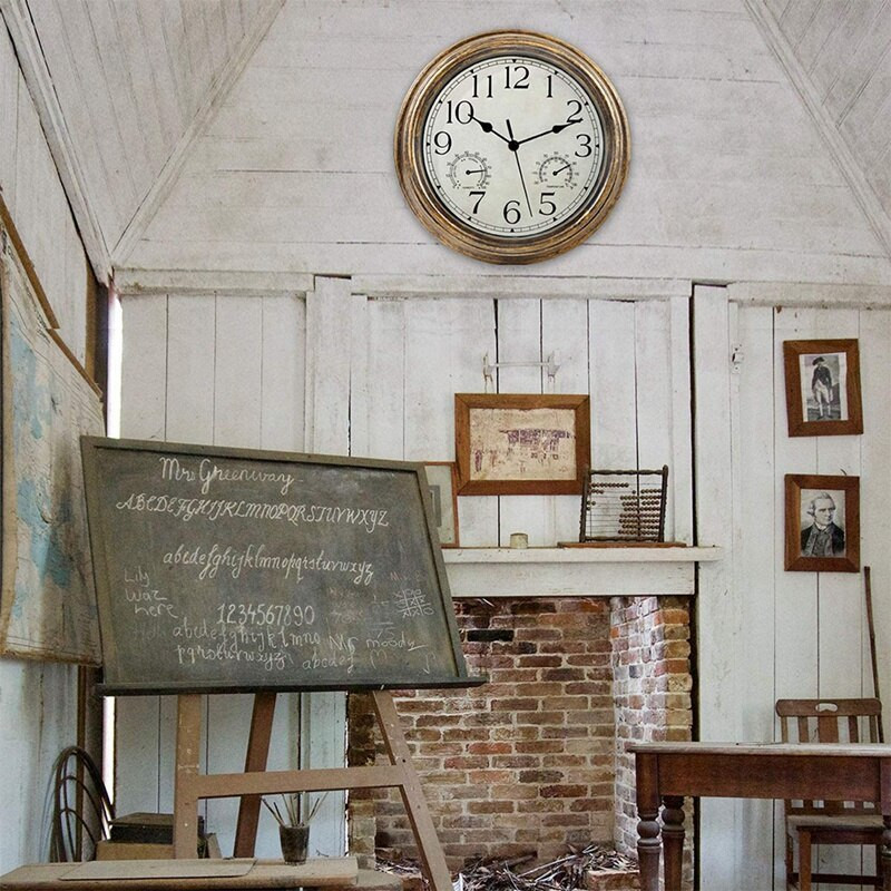 12 colių sieninis laikrodis, retro vandeniui atsparus laikrodis su termometru ir drėgmės matuokliu, netriukšmingas laikrodis viduje / lauke