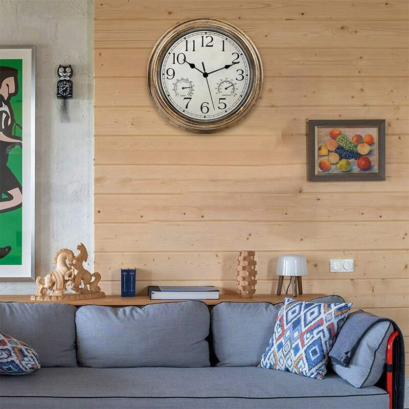 12 colių sieninis laikrodis, retro vandeniui atsparus laikrodis su termometru ir drėgmės matuokliu, netriukšmingas laikrodis viduje / lauke