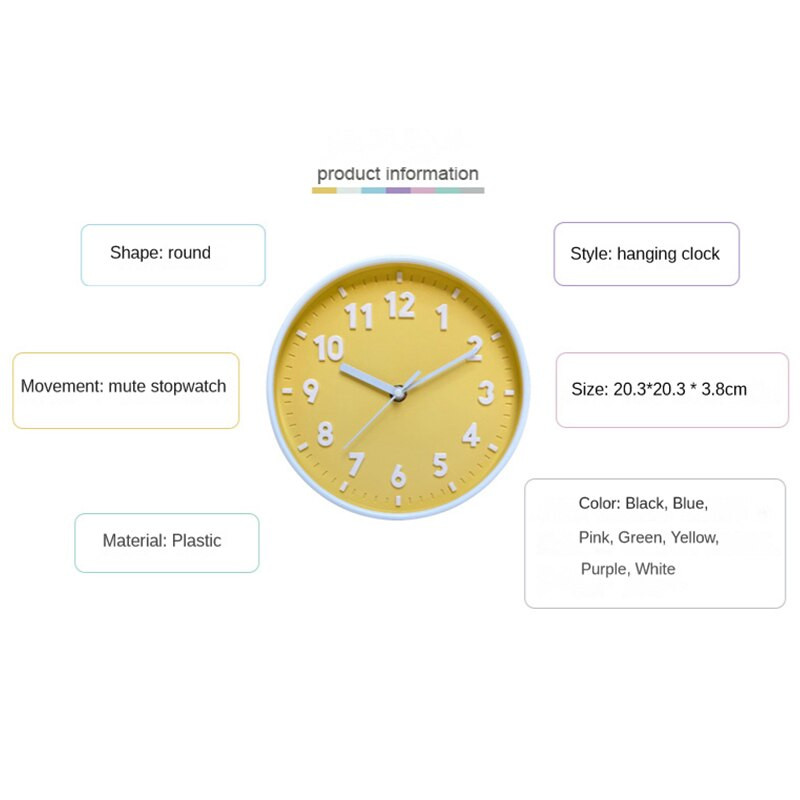 Sieninis laikrodis Kūrybinės spalvos 8 colių vaikų kambario sieninis laikrodis Svetainė Apvalus tylus laikrodis Miegamojo Paprastas sieninis laikrodis su žymekliu