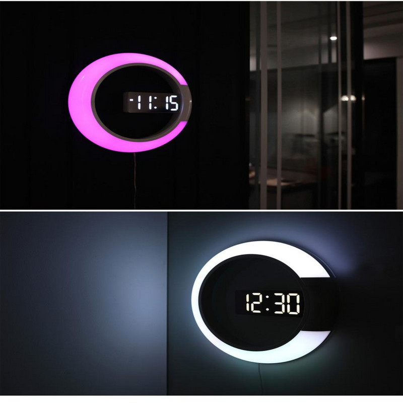 7 színű Modern LED digitális óra Ébresztőóra Tükör Üreges falióra Hőmérséklet éjszakai lámpa otthoni nappali dekorációhoz