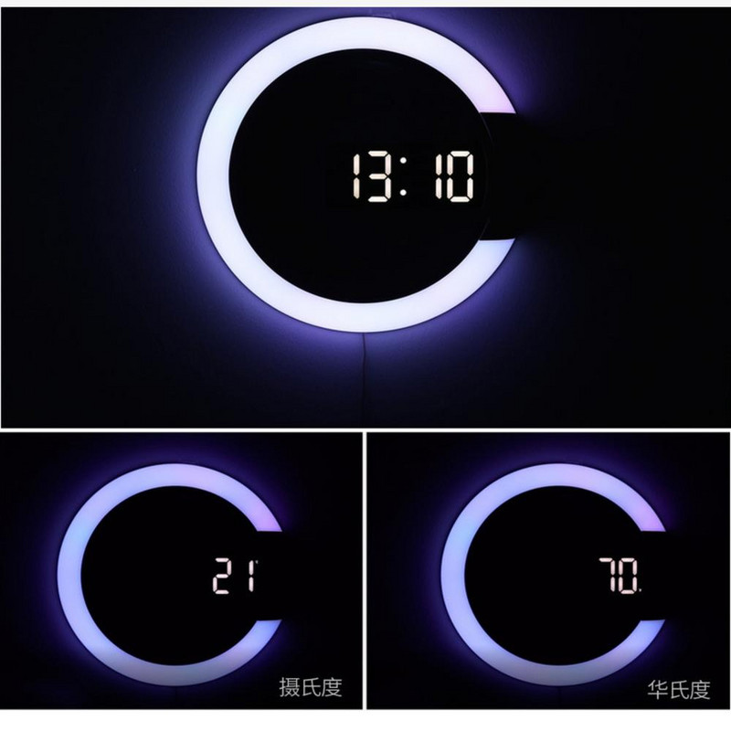 7 színű Modern LED digitális óra Ébresztőóra Tükör Üreges falióra Hőmérséklet éjszakai lámpa otthoni nappali dekorációhoz
