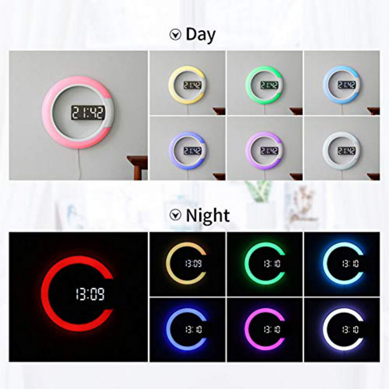 7 színű Modern LED digitális óra Ébresztőóra Tükör Üreges falióra Hőmérséklet éjszakai lámpa otthoni nappali dekorációhoz