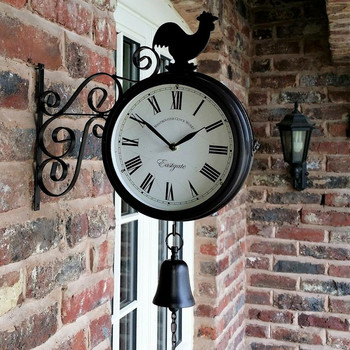 Κλασικό ρολόι κήπου εξωτερικού χώρου από σφυρήλατο σίδερο Διπλής όψης Creative μόδας μεταλλικό ρολόι τοίχου Ρολόι τοίχου σε σχήμα κουδουνιού κοτόπουλου