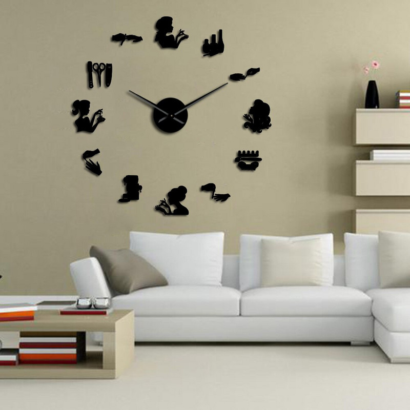 Köröm szépségszalon fali matricák dekoráció falióra köröm eszközök lakk smink manikűr akril tükör fali művészet barkácsolás óriási fali óra