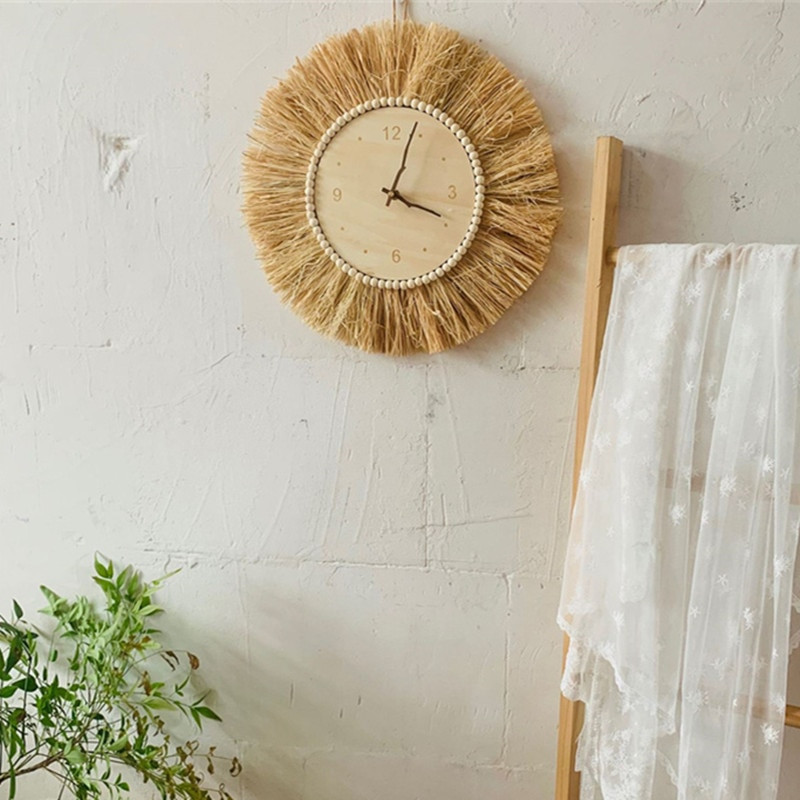 Ceas de perete din paie de rafie țesute manual INS Ceasuri de perete din lemn minimaliste nordice pentru bebeluși Copii Decoratiuni pentru cameră Mobilier Recuzită foto
