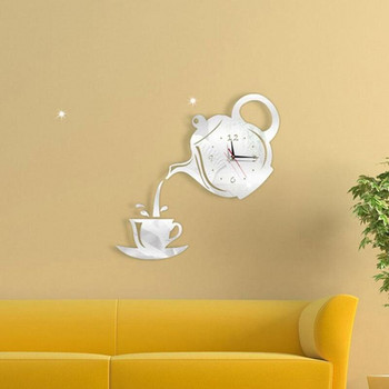 3D Направи си сам Стенен часовник във формата на чайник Акрилен огледален часовник Модерен кухненски домашен декор Стикер за стена Кух цифров часовник Домашен декор