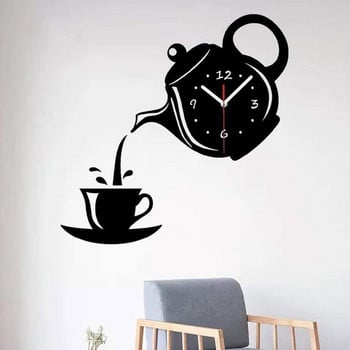 Creative Coffee Cup Teapot Ρολόι τοίχου Τρισδιάστατο ακρυλικό βραστήρα Ρολόγια τοίχου σε σχήμα για γραφείο Σπίτι Διακόσμηση τραπεζαρίας σαλονιού κουζίνας