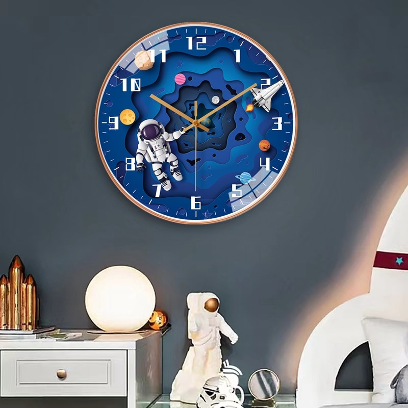 8 colių kūrybingas vaikų sieninis laikrodis tyliai judantis sieninis laikrodis Astronautas tyrinėja erdvę Miegamojo apdaila Kvarcinis laikrodis vaikams Dovana