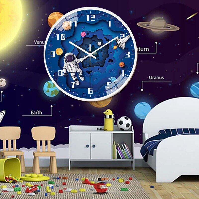 8 colių kūrybingas vaikų sieninis laikrodis tyliai judantis sieninis laikrodis Astronautas tyrinėja erdvę Miegamojo apdaila Kvarcinis laikrodis vaikams Dovana