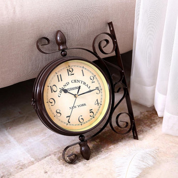 Декоративен часовник в европейски стил Устойчив на ръжда ковано желязо, работещ с батерии, без тиктакане, ретро двустранен стенен часовник за дома