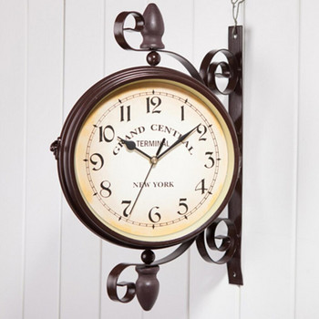 Декоративен часовник в европейски стил Устойчив на ръжда ковано желязо, работещ с батерии, без тиктакане, ретро двустранен стенен часовник за дома