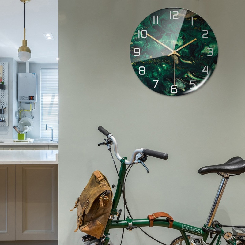Ceas acrilic verde închis cu model de marmură adeziv de perete cu ac metalic ceas silențios mecanism modern sufragerie decorare acasă