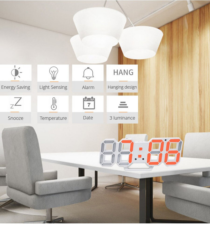 3D LED-es falióra Modern dizájn digitális asztali óra riasztó éjszakai fény Saat Reloj De Pared óra otthoni nappali dekorációhoz