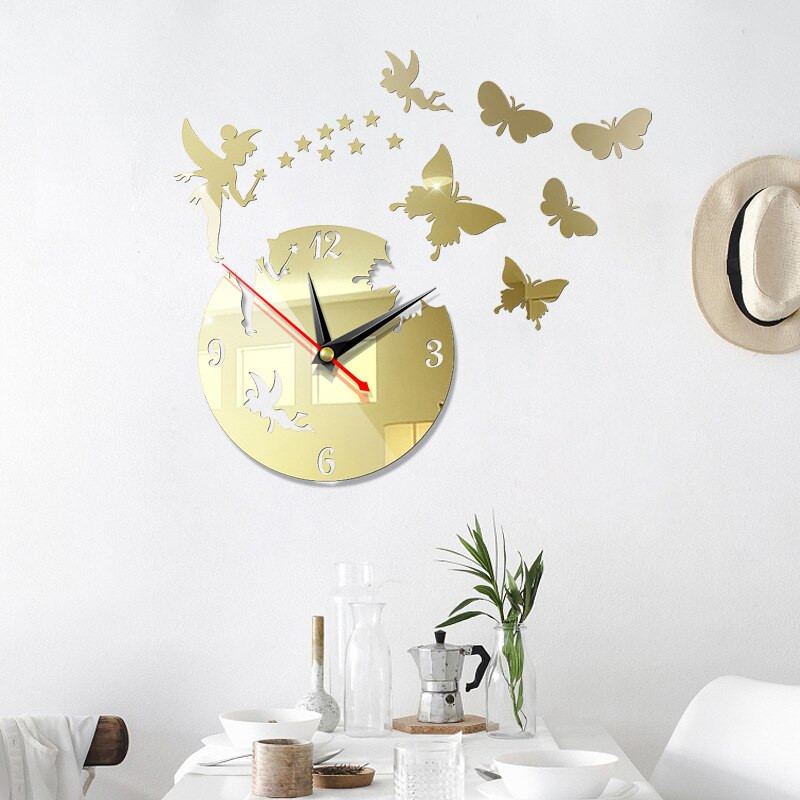 Ceas de perete cu fluture creativ 3D, autocolant de perete cu oglindă acrilică, ceasuri mut, decor acasă, ceasuri de perete pentru sufragerie
