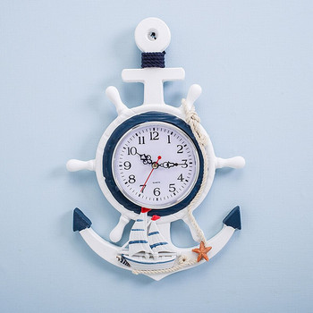 Стенен часовник със средиземноморска котва Плажна морска тема Дърво Морско корабно колело Рул Кормило Декор Стенен декорация за дома