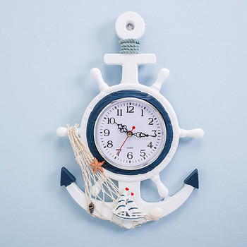 Стенен часовник със средиземноморска котва Плажна морска тема Дърво Морско корабно колело Рул Кормило Декор Стенен декорация за дома