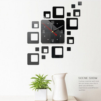 Сменяемо модерно 3D огледало Акрилен комплект стенен часовник Стикер Vinyl Art Направи си сам домашен декор Спалня Квадратни кварцови числа Стикер за часовници