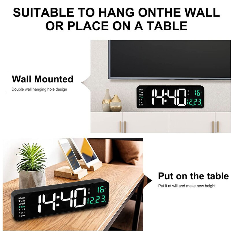 Ceas digital mare de perete Telecomandă Temp Data Săptămâna Ceas cu afișaj LED Alarme duble Ceas de birou cu memorie Dimmer Numărătoare inversă cu 10 nivele