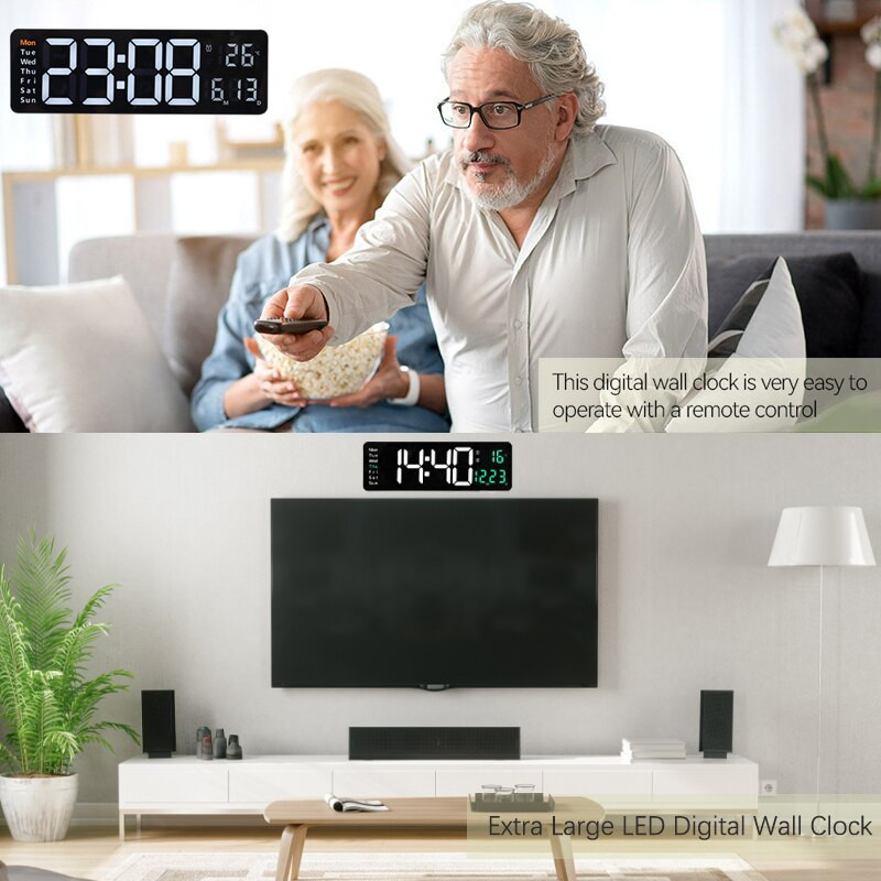 Ceas digital mare de perete Telecomandă Temp Data Săptămâna Ceas cu afișaj LED Alarme duble Ceas de birou cu memorie Dimmer Numărătoare inversă cu 10 nivele