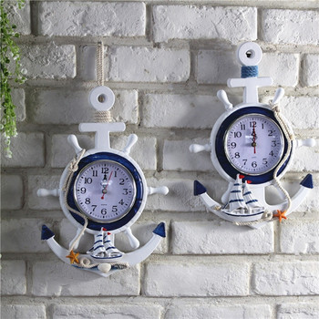 Средиземноморски стил Дървен синьо-бял стенен часовник Рул кормчия Котва Електронен часовник Морски часовник Офис Декорация на дома