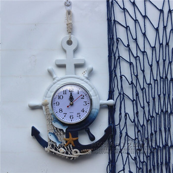 Средиземноморски стил Дървен синьо-бял стенен часовник Рул кормчия Котва Електронен часовник Морски часовник Офис Декорация на дома