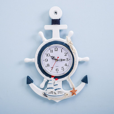 Viduržemio jūros regiono stiliaus medinis mėlynas baltas sieninis laikrodis vairas vairininkas inkaras elektroninis laikrodis Jūrinis laikrodis biuro namų dekoravimas