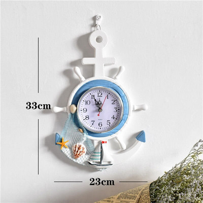 Viduržemio jūros regiono stiliaus medinis mėlynas baltas sieninis laikrodis vairas vairininkas inkaras elektroninis laikrodis Jūrinis laikrodis biuro namų dekoravimas
