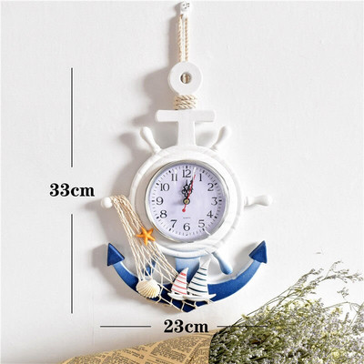 Viduržemio jūros regiono stiliaus medinis mėlynas baltas sieninis laikrodis vairas vairininkas inkaras elektroninis laikrodis Jūrinis laikrodis biuro namų dekoravimas