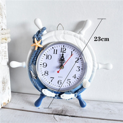 Viduržemio jūros regiono stiliaus medinis mėlynas baltas sieninis laikrodis vairas vairininkas inkaras elektroninis laikrodis Jūrinis laikrodis biuro namų dekoravimas