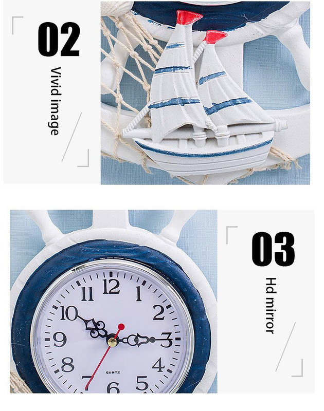 Viduržemio jūros regiono stiliaus medinis mėlynas baltas sieninis laikrodis vairas vairininkas inkaras elektroninis laikrodis Jūrinis laikrodis biuro namų dekoravimas