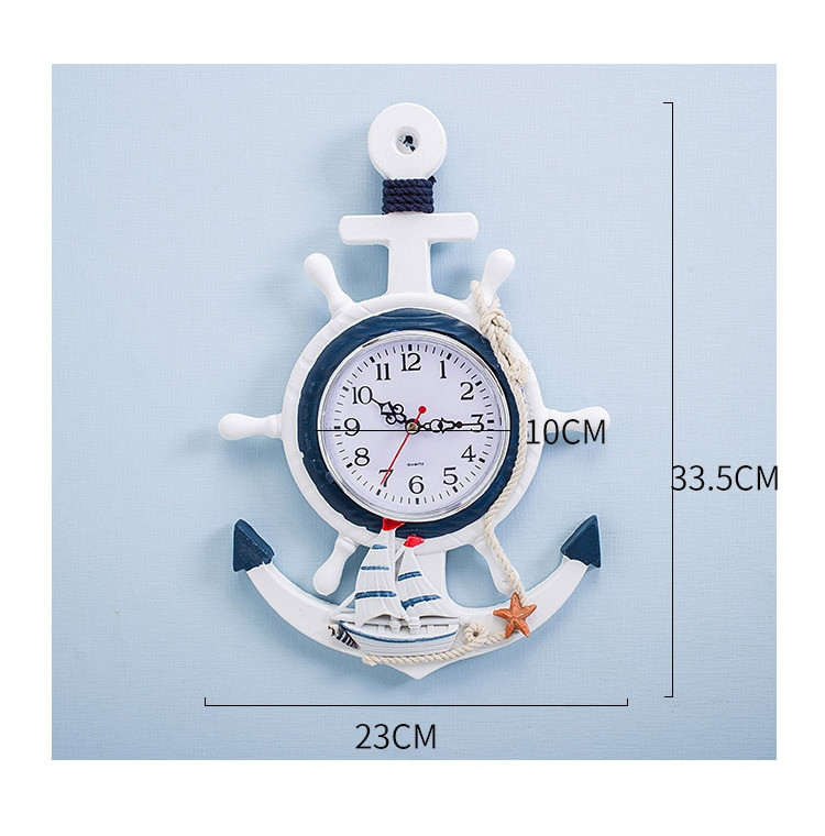 Viduržemio jūros regiono stiliaus medinis mėlynas baltas sieninis laikrodis vairas vairininkas inkaras elektroninis laikrodis Jūrinis laikrodis biuro namų dekoravimas