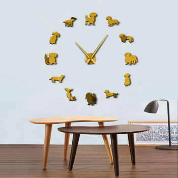 Часовник за дакел Направи си сам голям стенен часовник Wiener-Dog Puppy Dog Mirror Giant Giant 3D Wall Watches Без рамки Декорация за стена с наденица