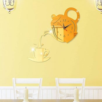 Творчески 3D стикер за стенен часовник Акрилна чаша за кафе Чайник Самозалепващ се стенен часовник Направи си сам Кухня Декорация на домашна стая