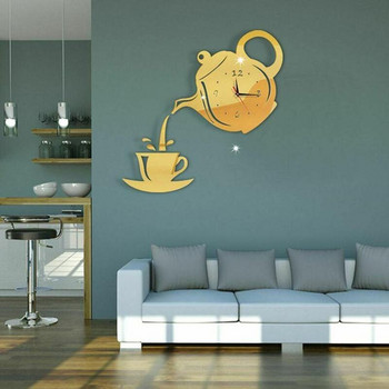 Δημιουργικό αυτοκόλλητο 3D τοίχου ρολόι τέχνης Ακρυλικό Τσαγιέρα Φλιτζάνι καφέ Αυτοκόλλητο Ρολόι τοίχου DIY Κουζίνα Διακόσμηση Σαλονιού σπιτιού