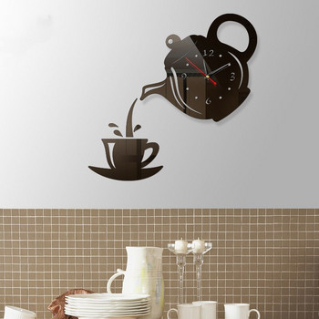 3D Направи си сам Стенен часовник във формата на чайник Акрилен огледален часовник Модерен кухненски домашен декор Стикер за стена Кух цифров часовник