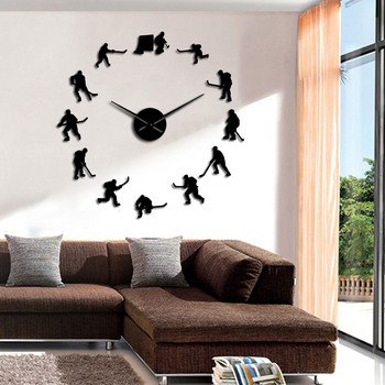 Хокей Висящи стени Спортни стенни художествени стикери Направи си сам голям стенен часовник Хокей на лед Играчи Домашен декор Без рамки Стенен часовник Подарък за мъж
