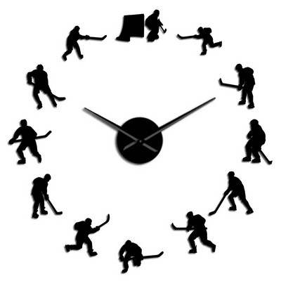 Hochei agățat pe perete Sport Autocolante de artă de perete DIY Ceas de perete mare Jucători de hochei pe gheață Decor pentru acasă Ceas de perete fără cadou Cadou pentru bărbați