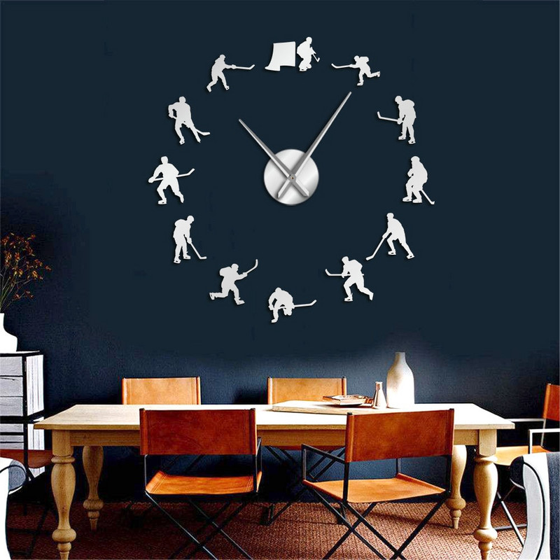 Hochei agățat pe perete Sport Autocolante de artă de perete DIY Ceas de perete mare Jucători de hochei pe gheață Decor pentru acasă Ceas de perete fără cadou Cadou pentru bărbați