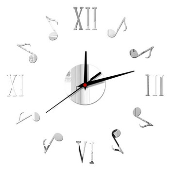 Музикални ноти Направи си сам стенен часовник с римски цифри Безшумен ретро декоративен стенен часовник Акрилен стикер за стена с огледален ефект Домашен декор