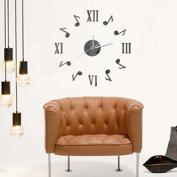 Музикални ноти Направи си сам стенен часовник с римски цифри Безшумен ретро декоративен стенен часовник Акрилен стикер за стена с огледален ефект Домашен декор