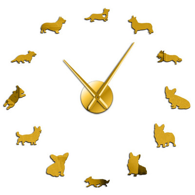 Angļu velsiešu korgi, DIY liela sienas pulksteņa spoguļa efekts bezrāmju kucēnu suņu šķirnes Sienas mākslas mājdzīvnieku veikals Dekoratīvais pulkstenis sienas pulkstenis