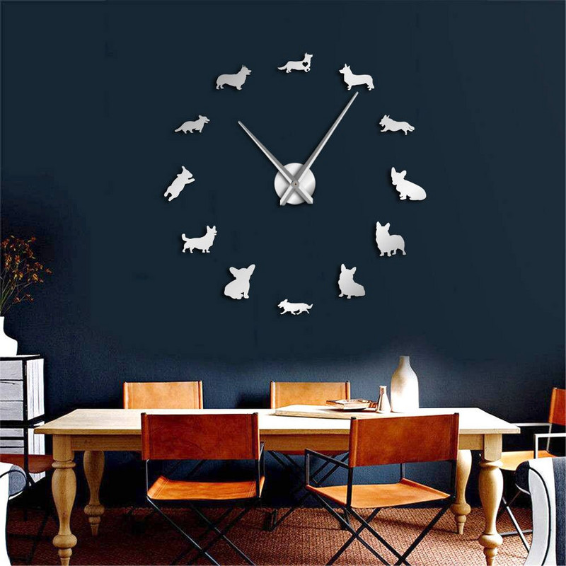 English Welsh Corgi DIY Ceas de perete mare Efect de oglindă Rase de cățeluși fără rame Artă pe perete Magazin de animale de companie Ceas decorativ Ceas de perete