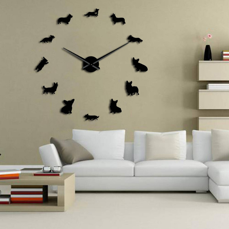 English Welsh Corgi DIY Ceas de perete mare Efect de oglindă Rase de cățeluși fără rame Artă pe perete Magazin de animale de companie Ceas decorativ Ceas de perete
