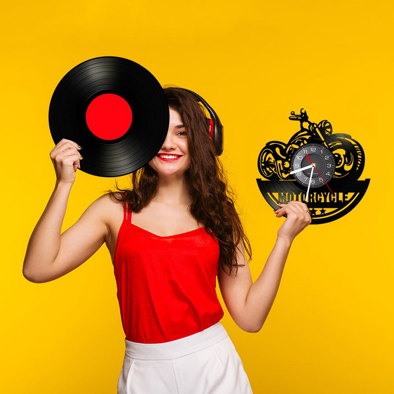 Amerikai klasszikus motorkerékpár fali művészet falióra garázstábla motorkerékpár vintage bakelit lemez falióra férfi barlang dekor motorosoknak ajándék