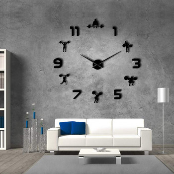Стенен декор за фитнес зала за вдигане на тежести Направи си сам гигантски стенен часовник с огледален ефект Силов вдигане на тежести Голям стенен часовник без рамка GYM стенен часовник